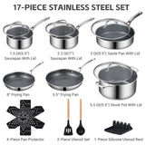 Ammeloo 17 Pcs Nonstick Stainless Steel Cookware Set, Hybrid Stainless Steel Pots and Pans Set Non Stick, Non Toxic Kitchen Cookware Sets, Dishwasher & Oven Safe, Induction & All Cooktop Compatible