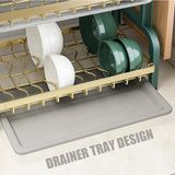 CAKERS Dish Drying Rack with Removable Drain Tray|Carbon Steel Dish Strainers for Kitchen Counter|Tableware Holder Dinnerware Drainer Organizer,Black Gold,3 Tier(Extra Long)-Main Shelf with Set