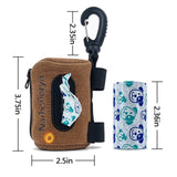 Cute Dog Poop Bag Holder with Hook-and-Loop Attachment, Double Layer Fabric Waste Bag Dispenser for Leashes, Includes Starter Roll for Easy Pet Cleanup (Brown)