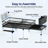 Pantasia Large Dish Drying Rack, Expandable Dish Rack for Kitchen Counter, Dish Drainer with Drainboard Set, Multifunctional Dishrack with Utensil & Cup Holder, 13.4"-28.7" L x 11.8" W x 7.8" H, Black