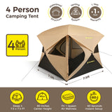 Camping Tent, 4 Person Tent for Camping, Setup in 60 Seconds, 4 Person Pop up Tents, Hub Tents, Water-Resistant, Windproof, Instant Cabin Tents with Rainfly & Carry Bag for Outdoor Camping