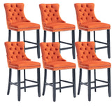 MOOLSUN Set of 6 Blue Velvet Bar Stools - Classic Fixed Height Design with Button Tufted Seat, Solid Wood Frame & Chrome Nailheads, Perfect for Standard Kitchen Island & Home Bar,Orange(Wood Leg)