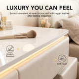 Quvex 23.6" Compact Makeup Vanity Desk with LED Sunburst Mirror & Ambient Light, Sintered Stone Top Vanity Table, 4 Drawers, Petal Chair, Extendable & Reversible Dressing Table, Khaki