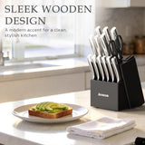 Astercook Knife Set, Kitchen Knives Set with Block and Sharpener Full Tang 15 Pcs Premium Stainless Steel Knives, Dishwasher Safe Knife Set with Anti-slip Ergonomic Handle, Black, Mothers Day Gifts