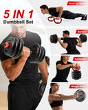 UNNMIIY Adjustable Dumbbells, 20/30/45/70/90lbs Free Weight Set with Connector, 5 in1 Dumbbells Set Used as Barbell, Kettlebells, Push up Stand, Fitness Exercises for Home Gym
