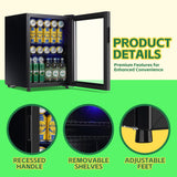 WANAI Beverage Refrigerator Cooler 2.6 Cu.Ft, 85 Can Mini Small Fridge with Glass Door LED Light and Adjustable Shelves for Soda Beer or Wine, Perfect for Home Bar Office, Black