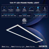 LUXRITE 1x4 FT Edge-Lit Frame LED Panel Lights, 5CCT Selectable 3000K-6500K, 2600/3900/5200LM, 20W/30W/40W Switch, Grid Drop Ceiling Lights, 0-10V Dimmable, Damp Rated, 100-277V, ETL Listed (4 Pack)