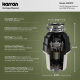 Karran 3/4 HP Quiet Garbage Disposal with Power Cord – Powerful Continuous Feed Food Waste Disposer, Stainless Steel Grinding System, Compact Easy Install Design with Dishwasher Connector, Septic Safe