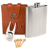 RE GOODS Golf Flask Gift Set - 7oz Flask With Leather Case - Includes Divot Tool, Tees and Ball Marker