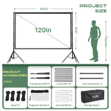 AAJK 120in Outdoor Projector Screen with Stand,Portable 16:9 4K HD Indoor Outdoor Projection Screen with Wrinkle-Free Design, Ideal for Home Theater and Backyard Cinema – Includes Carry Bag