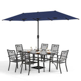 PHI VILLA 8 PCS Patio Dining Set w/13ft Patio Umbrella(Navy Blue)