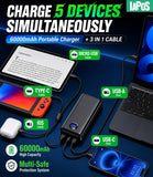 Portable Charger Power Bank - 60,000mAh Battery Pack, 22.5W Fast Charging Phone Charger Attached USB-C/iOS/Micro-USB Cable, Powerbank for iPhone 17 16 15 14 13 Samsung, for Travel Camping Essentials
