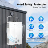 Syfuulv Propane Tankless Water Heater Outdoor, 1.58 GPM Portable Water Heater Instant Hot, 41,000 BTU, LED Digital Display, Overheating Protection, Camping, RV, Cabin, Barn, White 6L