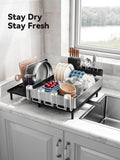 SUNLY Large Dish Drying Rack, Expandable Dish Racks for Kitchen Counter, Space Saving 304 Stainless Steel Drying Rack Kitchen, Extra Large Drainer with Multifunctional Flip Up Pegs, Black