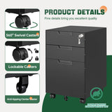 Letaya 3 Drawer Mobile File Cabinet with Lock,Under Desk Metal Small Filing Cabinets for Home Office Organizer Letters/Legal/A4(Fully Assembled Except Wheels-Black)