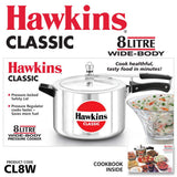 Hawkins Classic 8 Litre Aluminium Inner Lid Pressure Cooker, Wide Design Pan Cooker, Big Cooker, Silver (CL8W)
