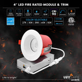 LUXRITE 12-Pack 4 Inch LED Recessed Lights with J-Box, 5CCT 2700K-5000K, 2 Hour Fire Rating, 15 Watts, 1000 Lumens, 38° Spotlight, Dimmable, IC Rated, Wet Rated, ETL - Smooth Trim