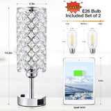 Hong-in Crystal Lamp Touch Control Set of 2, Sliver Crystal Table Lamps with USB C+A Ports & AC Outlet, 3-Way Dimmable Nightstand Touch Lamp, Modern Bedside Table Lamp for Bedroom(Bulbs Included)