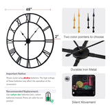 Ohweog 48 inch Large Wall Clock for Living Room Decor – Easy-Assembly (KD) Silent Non-Ticking Modern Farmhouse Wall Clock, Oversized Decorative Metal Roman Numeral Clock, Black