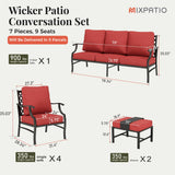 MIXPATIO 7-Piece Patio Conversation Set, 2 Ottomans, E-Coated Frame, Red