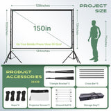 AAJK 150in Outdoor Projector Screen with Stand, Portable 16:9 4K HD Indoor Outdoor Projection Screen with Wrinkle-Free Design, Ideal for Home Theater and Backyard Cinema – Includes Carry Bag