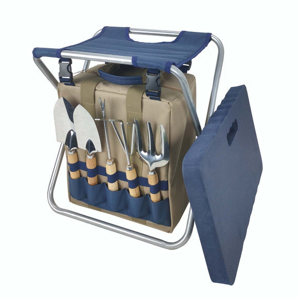 Garden Folding Gardener Stool with Gardening Tools Insulation Garden Bags Plus 5 Garden Tools and Gardening Kneeler (Navy Blue)
