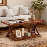 BECHAEO Solid Oak Coffee Table for Living Room, 2-Tier Wooden Coffee Table with Storage Shelf, Modern X-Shaped Base, Heavy Duty 400 lbs Center Table for Home