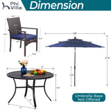 PHI VILLA 5pc Patio Dining Set with Umbrella, Round Table, Rattan Chairs