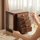 Homruilink Black Walnut Wooden Jewelry Box - 360° Rotating Jewelry Organizer for Women with 5 Drawers for Rings,Necklaces,Earrings and Bracelets -Large Storage Case - Mothers Day Gifts for Mom