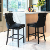 MOOLSUN Set of 4 Blue Velvet Bar Stools - Classic Fixed Height Design with Button Tufted Seat, Solid Wood Frame & Chrome Nailheads, Perfect for Standard Kitchen Island & Home Bar,Black(Wood Leg)