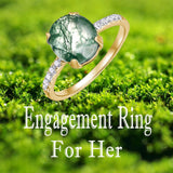 Natural Moss Agate Ring for Women 10K/14K/18K Solid Gold/Sterling Silve Oval Cut Green Moss Agate with Lab Diamond Engagement Ring Personalized Wedding Promise Ring Anniversary Jewelry Gift for Women