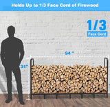 Tikimilor 8ft Firewood Rack Holder, Adjustable Heavy Duty Fire Log Stacker Stand for Fireplace, Outdoor Indoor Metal Wood Pile Storage Organizer, Patio Logs Stand tool, Black