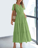 BTFBM Womens Summer 2026 Casual Midi Maxi Dresses Lightweight Short Sleeve V Neck Elastic Waist Boho Beach Dress Pockets(Green, Small)