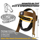 Leather Neck Harness for Weight Lifting – Adjustable Head Strap with Heavy-Duty Steel Chain & Microfiber Padding – Neck Exerciser for Bodybuilding, Boxers & Gym Workout (Brown)