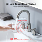Charmingwater Touchless Bathroom Faucet for 3 Hole, 8 Inch Widespread Hands Free Bathroom Faucet with Automatic Sensor, 2-Handle Basin Mixer Vanity Taps with 360° Swivel Spout, Brushed Nickel
