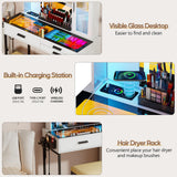 MDGC Makeup Vanity Desk with Mirror and RGB Lights,Glass Top Vanity Table with Wireless Charging & Stool,Vanity Set with 6 Drawers & Storage Cabinet & Makeup Organizer，Bedroom（White）