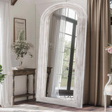 ZHUNFA Arched Full Length Mirror with Solid Wood Frame, 71x32 Farmhouse Wall Mirror Full Length with Stand, Vertical Hanging, Leaning Standing for Bedroom, Living Room, Rustic White
