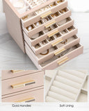 VLANDO 6 Layer Jewelry Box for Women, Glass Lid Jewelry Organizer with 6 Drawers for Necklaces Rings Earrings Bracelets - Toffee