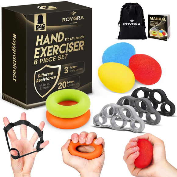 roygra Hand Grip Strengthener, Finger Exerciser, Multiple Resistance Levels Kit - 3 Types, Set of 8 roygra
