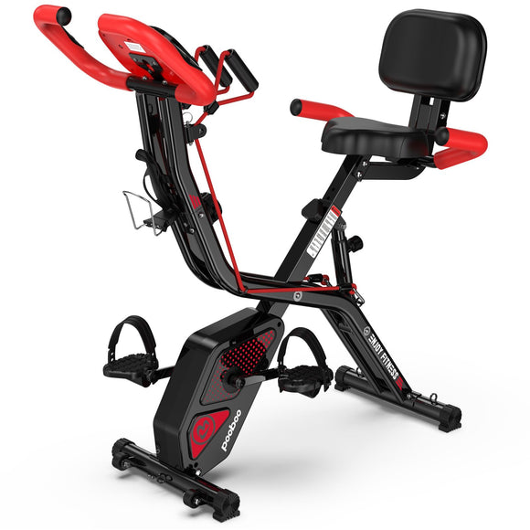 pooboo Folding Exercise Bike, Fitness Stationary Bike Machine, Upright Indoor Cycling Bike, 4-in-1 Magnetic X-Bike with 8-Level Adjustable Resistance, Bottle Holder, Arm Resistance Bands, Pulse Sensor & Back Support Cushion for Home Gym Workout (red) pooboo