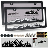 ZXFOOG Mountain License Plate Frames- Plastic Black Car Tag Holder Bracket with Screws Caps, 2 Packs 2 Hole, Silver on Black, Mountain Vinyl Sticker Included