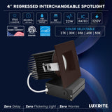 LUXRITE 4 Inch Recessed Light, Regressed Canless LED Spotlight, 5CCT 2700K-5000K, CRI90, 22W, 1700 Lumens High Output, 38º, Interchangeable Square Bronze Trim, Dimmable, IC & Wet Rated (4 Pack)