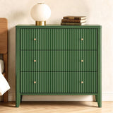 Fatmok Fluted 3 Drawer Dresser for Bedroom Set of 2, 34" Wide Chest of Drawers, Modern Wood Nightstand End Table with Metal Handles, Striped Storage Cabinet for Living Room, Hallway, Entryway, Green