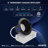 LUXRITE 3 Inch LED Recessed Ceiling Light with J-Box, CRI90, 8W, 5CCT Selectable 2700K/3000K/3500K/4000K/5000K, 640 Lumens, Dimmable Canless Downlight, Wet Rated, IC Rated, ETL, Black Trim (12 Pack)