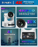 FoMaKo K600NW 4K 60fps NDI PTZ Camera, NDI|HX3 4K 60fps Output,20X Optical Zoom,Gen 3 AI Auto-Tracking, 3G-SDI HDMI NDI USB PoE, for Church Worship & Live Streaming, White