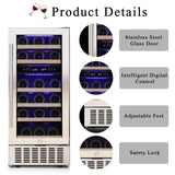 COWSAR 28 Bottle Wine Fridge, Commercial Dual Zone Beverage Refrigerator, Independent Temp, LED, Under Counter Drink Wine Cooler Chiller