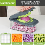 Ourokhome Vegetable Chopper Cutter with Container, Manual Hand Food Veggie Dicer with 2 Chopping Blades for Potato Strips (2 in 1, Gray)