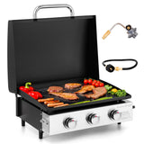 MFSTUDIO 22 Inch Flat Top Grill with Ceramic Coated Cast Iron Pan, 3 Burners Portable Tabletop Propane Gas Griddle Grill for Camping