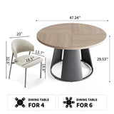 HIPIHOM 47.2” Round Dining Table Set for 4 Modern Wood Table with 4 Upholstered Chairs, Metal Pedestal Base, Space-Saving Kitchen & Dining Furniture for Small Apartments and Compact Spaces