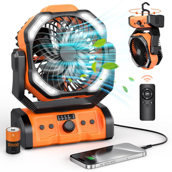 Peouix Portable Rechargeable Camping Fan - 20000mAh Cordless Battery Powered Fan with LED Lantern, Remote Auto Oscillating USB C Table Battery Operated Tent Fan for Travel Outdoor Beach Peouix